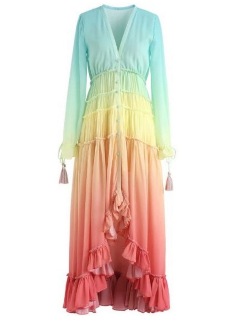 Chicwish Vacay Paradise Rainbow Gradient V-Neck Button Ruffle Boho Maxi Dress S